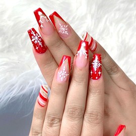 Pvoiue Christmas Press On Nails Long Coffin, 24pcs Christmas French Tip Press On Nails Long With Snowflake Designs Red Coffin False Fake Nails Artificial Nails For Women (Xmas Conffin)