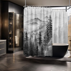 QGHOT Mountain Shower Curtain Black and White Forest Nature Shower Curtains for Mens Bathroom Charcoal Grey Rustic Woodland Pine Tree Cool Bath Decor Sets, Waterproof Fabric with Hooks, 108x72in
