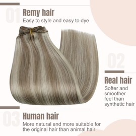 Fshine Clip-In Hair Extensions, Real Hair, Blonde Highlights, Clip-In Extensions, Colour Ash Brown Mix Platinum Blonde, 7 Pieces, 120 g, Real Hair Extensions, Clip-In Human Hair, Full Head, 35 cm