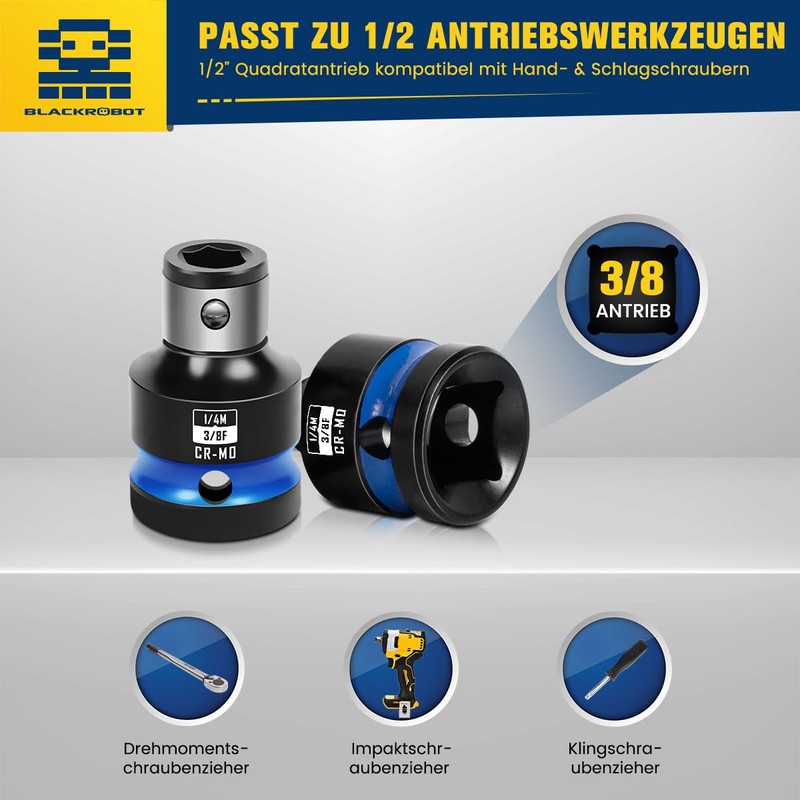 3/8" Square Drive to 1/4" Bit Hex Socket Adapter, Impact