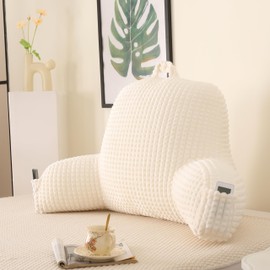 PAJEO Reading Pillow for Sitting in Bed,Adult Flannel Back Support Pillow,Backrest Pillow for Sitting Up with Extend Arms,Pockets,Husband Chair Pillow