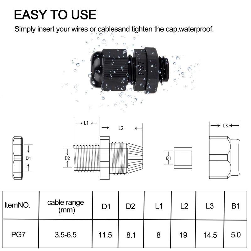 Cable Gland Set Plastic Cable Glands Adjustable PG7 Waterproof Closure