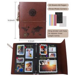 RECUTMS Leather Scrapbook Photo Albums Vintage Leather Cover 60 Pages Premium Black Paper Memory Scrapbook Children Back to School Gifts Holy Communion Gifts for Birthday Presents for Kids(Voyage)