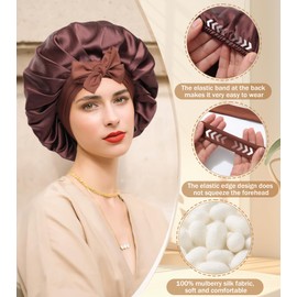 WELROG Silk Bonnet Sleep Cap, 100% Mulberry Silk Bonnet, Sleep Cap, Silk Hair Cap for the Night, Silk Scrunchie, dark brown