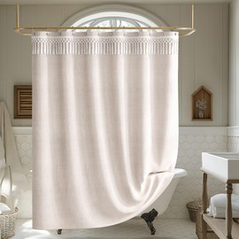 AmazerBath Beige Shower Curtains for Bathroom, Boho with Top Tassels, Farmhouse with Hooks, Neutral Faux Linen, Water Repellent, 72x72 Inches