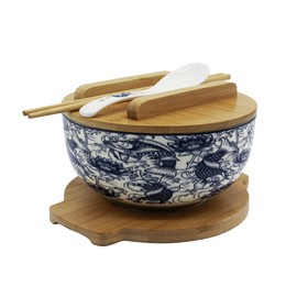 XWORLD Japanese Ceramic Ramen Noodle Bowls Set with Ceramic Spoon, Bamboo Chopsticks, Lid & Trivet, Serving Capacity of 33.8 OZ, Microwavable Oven Safety (3.3” x 6.6” D) (Blue Fish)