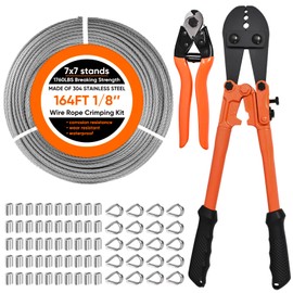 Toyeah 164FT 1/8" Stainless Steel Cable with Wire Rope Crimping Tool and Cable Cutter, 1760 lbs Breaking Strength, 7x7 Strands Aircraft Cable for Deck Railing, Porch Fence, String Light