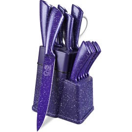 Knife Block Set,15 Pcs Kitchen Knives Set With Holder,Professional Japanese Chef Knife Set,Stainless Steel Carving Slicing Paring Bread Knife,Steak Knives,Resin Handle,Purple Color