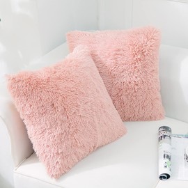 NordECO HOME Luxury Soft Faux Fur Fleece Cushion Cover Pillowcase Decorative Throw Pillows Covers, No Pillow Insert, 16" x 16" Inch, Pink, 2 Pack