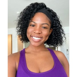 Headband Wig Human Hair Glueless Wigs for Black Women 14 Inch Kinky Curly Wig with Headband Attached 180 Density Briazilian Afro Half Wig No Gel Remy Curly None Lace Front Wigs Human Hair