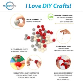 Glaciart One Wool Felt Balls (50 Pieces) 1 Inch (2.5 Cm), 100% New Zealand Wool, 3 Colors (White, Red and Grey) Hand-Felted in Nepal - Christmas Party Banner Decoration for Felting and Garland