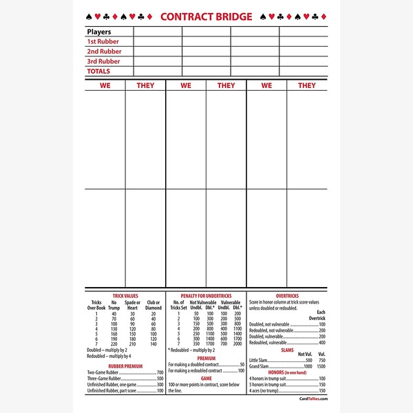 Contract Bridge Score Pads, Large Size (5 Pads, 50 Sheets