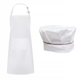 MADGININE Apron White and Chefs Hat,White Chef Hat with 1 Pockets,Long Chef Apron White,Adjustable Waist Waitress Apron,Pizza Hat,for Kitchen Cooking Restaurant Work Coffee Shop Bistro