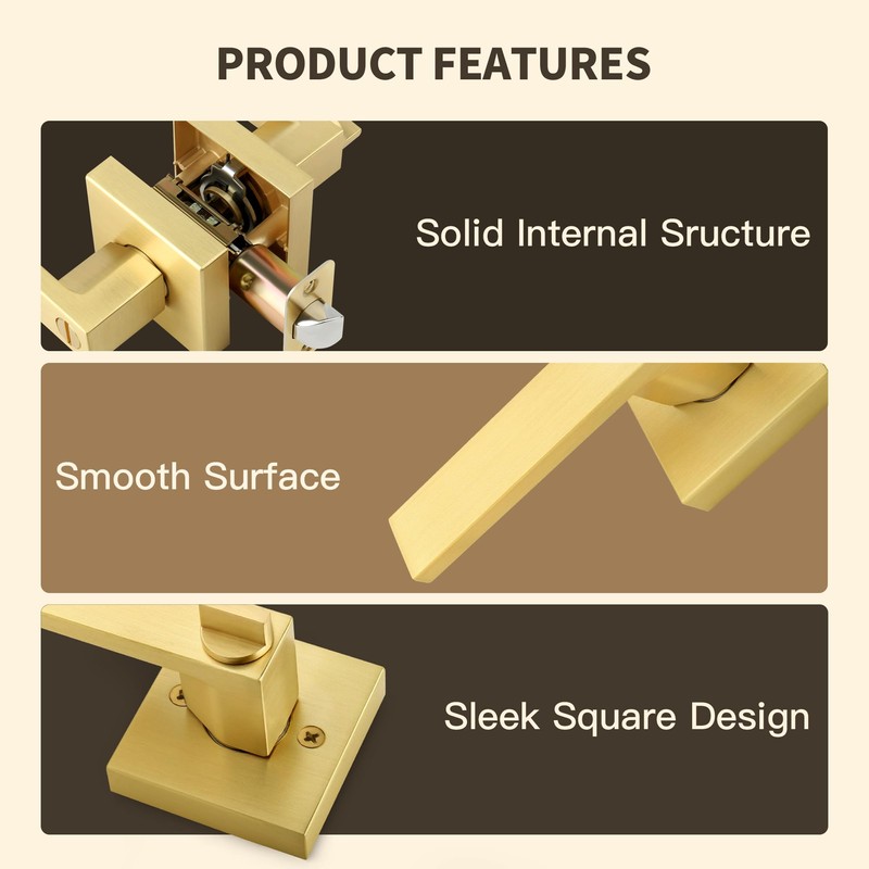 Moquin Square Privacy Gold Door Handle with Lock, Keyless Heavy