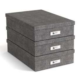 Bigso Oskar Canvas Fiberboard Document Letter Box for Important Paperwork A4 or Letter Size - Durable Keepsake Box with Lid and Metal Label Holder - 3.3in x 10.2in x 13.8in - Melange Grey - 3 Pack