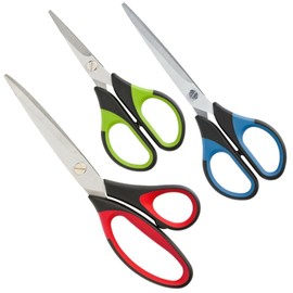 Multi-Purpose 3 Piece Scissor Set - Stainless Steel, Multi-Coloured and High Grade. Handy Hobby 14cm, Kitchen/General use 17cm & Crafting/Sewing 21cm. Soft Grip. Ideal for Household & Office.