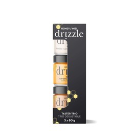 Drizzle Honey Taster Trio - All Natural Pure Raw Honey, Unfiltered, White, Cinnamon Spiced, & Turmeric Gold Mini Jars, Use in Tea & Coffee, Sugar Substitute, Certified Kosher - Pack of 3