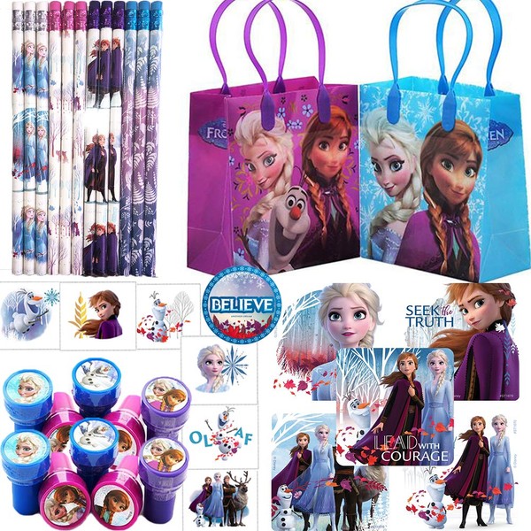 Deluxe Frozen Birthday Party Favors and Goodie Bag Fillers For 12 with Frozen Goody Bags, Pencils, Stickers, Tattoos, Stampers, and Pin