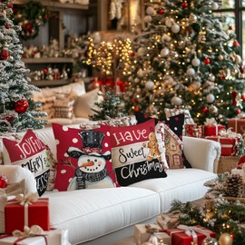 GEEORY Christmas Throw Pillow Covers 18x18 Inch Set of 4, Snowman Gingerbread House Joyful Merry and Blessed Holiday Farmhouse Decorative Cushion Cases for Home Decoration (Black) G605-18