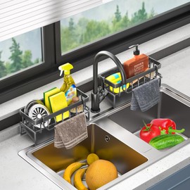 Kitchen Sink Organiser, Sponge Drain Rack Stainless Steel With Self-Draining Tray, Sinks Caddy Kitchen Sinks Organizer With Removable Towel Rack For Bathroom Kitchens, Grey 2 Pcs
