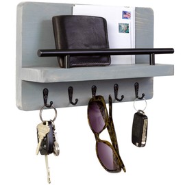 Ripple Creek Key Holder for Wall and Mail Shelf, Decorative Wooden Wall Rack for Keys, Letters, Bills - Pine Wood Unique and Industrial Decor, Perfect for Entryway, Kitchen (Weathered Grey, Large)