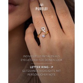 Purelei® Letter Ring - Women's Ring Made of Durable Stainless Steel - Waterproof Rings - Adjustable Rings from Size 50 to 60 - Fashion Jewellery for Your Individual Look, Gemstone, Cubic Zirconia