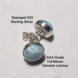 Handmade Natural Larimar 8 mm Sterling Silver Stud Earrings