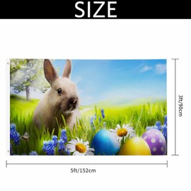 Yekiua Easter Bunny Rabbit Flag 3X5 Eggs On Green Grass With Daisies Flowers Uv Fade Resistant Vivid Color - Canvas Header Double Stitched Flag With Brass Grommets
