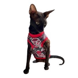 Kotomoda Sphynx Cat Clothes T-Shirt Red Skull (S)