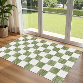 Othilic Green White Checkered Entry Rug - 3x5 Ft Non-Slip Washable Indoor Outdoor Front Door Mat Outside Entrance Porch Rug Geometric Rugs for Living Room Bedroom Entryway Kitchen Office Porch Decor