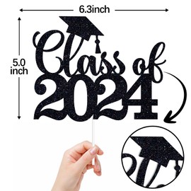 Decoración para tartas de clase 2024 con purpurina negra, con felicidades, 2024