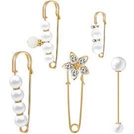 5 Pieces Pearl Brooch Safety Pins for Clothes Safety Pin for Women Fashion Sweater Shawl Collar Dresses Cardigan Clips Faux Crystal Pearl Brooches Set for Girls Jewelry Decoration Accessories (Gold)