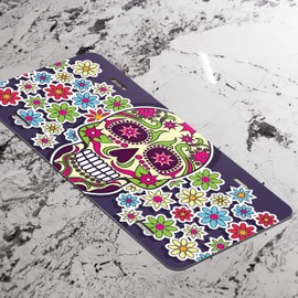 Sugar Skull with Flowers Printed Vanity Front License Plate Tag KCFP105