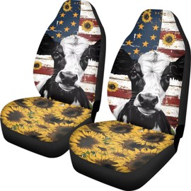 Buybai American Flag Cow Car Covers Set Thick Automotive Seat Covers Bucket Seat for Women Car Inner Protector Accessories of 2 Pieces Kit Non-Dirty