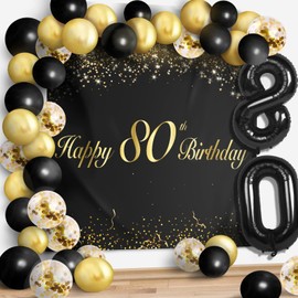 Happy 80th Birthday Balloons Black Set Decor - Cheers to 80 Years Old Party Theme Garland Banner Backdrop Decorations For Women and Men Supplies