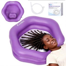 Inflatable Shampoo Basin for Bedridden Elderly & Disabled - Portable Leak-Proof Hair Washing Bowl with 360° Neck Support, Large Petal-Shape & Easy-Drain Pull Ring (Purple)