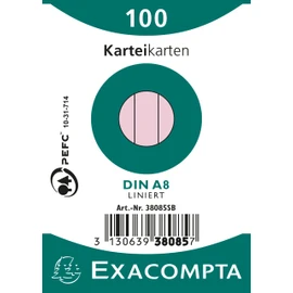 Exacompta 38085B Pack of 100 Premium Index Cards Lined DIN A8 Ideal for School Learning Vocabulary and Suitable for Bunnybox Flashcard File 55 x 74 mm Pink