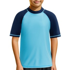 MASOCIO Children's UV Swimming Shirt UPF 50+ Swimming Shirt Boys Short-Sleeved Quick-Drying Rash Guard for Boys Size 104-158, Blue Navy
