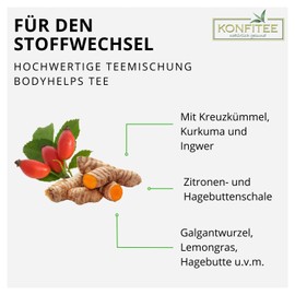 Konfitee Bodyhelps Tea 100 g I Vegan Natural Product I Metabolism Booster I Cumin Turmeric Ginger & Rose Hip I Free from Additives & Flavourings I Premium Quality