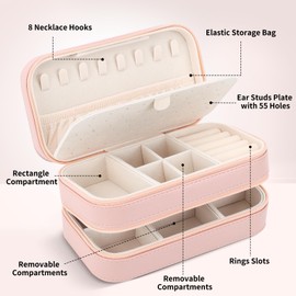 DesignSter Jewellery Box Organiser, Small Portable Travel Jewellery Case with 2 Zippers for Rings Earrings Necklace, Double Layers PU Leather Jewellery Storage Box, Pink