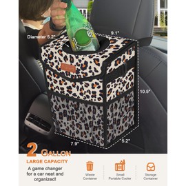 Pritent Car Trash Can with Lid, Cute Leakproof Car Trash Garbage Bag Hanging Vehicle Trash Bin Small Portable Automotive Garbage Cans Organizer for Back/Front Seat(Trapezoid,Leopard