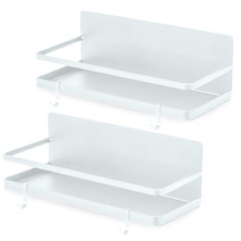 2 Pack - Magnetic Spice Rack, Fridge Organizer Shelf, Side Wall Refrigerator Storage for Spices, Utensils or Plates, Works as Towel Holder with Hooks, Organization for Home and Kitchen (White)