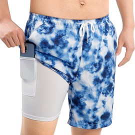 MASOCIO Mens Swimming Shorts Men Swim Trunks with Compression Liner Stretch No Mesh Anti Chafe Double Layer Knee Length Long Men's Swimshorts Quick Dry Summer Beach Surf Board Shorts Tie Dye Blue S