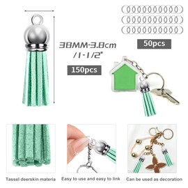Bouiexye Tassels for Jewelry Making 150 Pieces Aqua Green Leather Tassels Bulk 38mm Silver Cap Keychain Charms with 50pcs Jump Rings for DIY Jewelry Keychain Blanks Bracelet Crafting Supplies