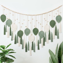 Dremisland Macrame Wall Hanging Leaf Tassel Large Tapestry with Wooden Bead Boho Handmade Woven Tapestry Cotton Wall Tapestry Art Decor for Bedroom Living Room Apartment Backdrop, 51.2" W x 31.5" L