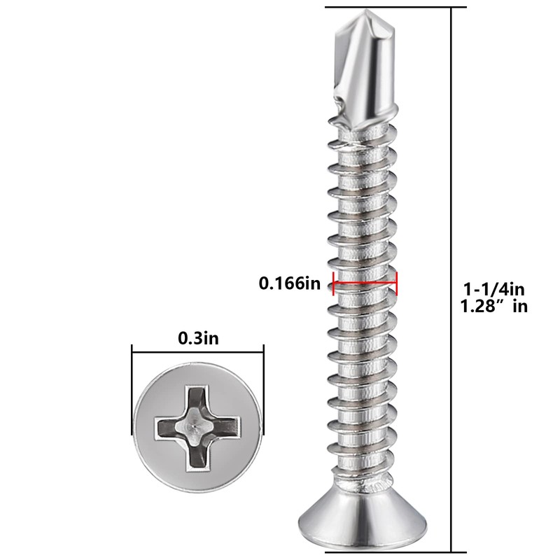 Wensilon（250pcs）#8×1-1/4”for Sheet Metal Self-Tapping Screws 410 Stainless Steel Flat Head