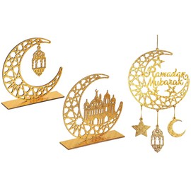 Kellegour 3 PCS Ramadan Kareem Holz Dekorationen,Holz Eid Mubarak Ramadan Kareem Dekorationen,Eid Mubarak Ornamente DIY Holz,Eid Dekoration,Ramadan Eid Dekorationen für Muslim Islam Tischdekoration