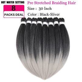 Pre stretched Braiding Hair 30 Inch 8 Packs Professional Hair Extensions Synthetic Braid Hair Crochet Braids Soft Yaki Texture Hot Water Setting(30",mixed black & sliver)