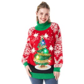 JOYIN Women's Christmas Ugly Sweater LED Light Up Xmas Sweater Built-in Light Bulbs Novelty Pullover for Party Fun-L Red