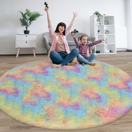 ATRUG Rainbow Round Large Area Rug 8Ft Fluffy Rainbow Rug for Girls Bedroom Cute Shaggy Circle Rugs for Living Room Fuzzy Rainbow Circular Carpet Kawaii Shag Plush Unicorn Rug for Classroom Home Decor